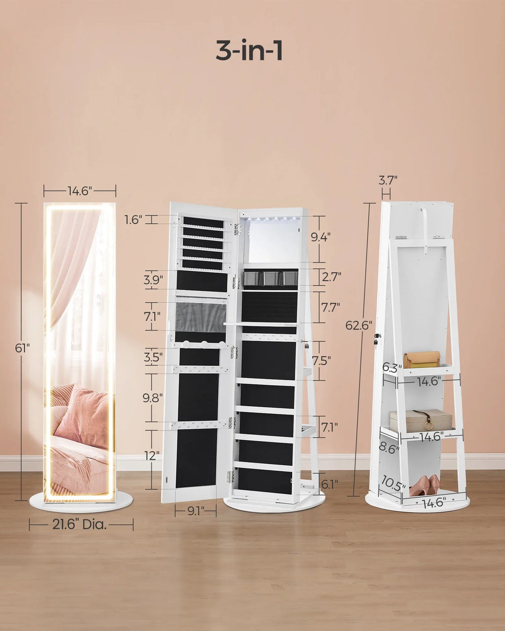 SONGMICS LED Mirror Jewelry Cabinet With Full-Length Mirror, 21.59in D x 21.59in W x 62.59in H
