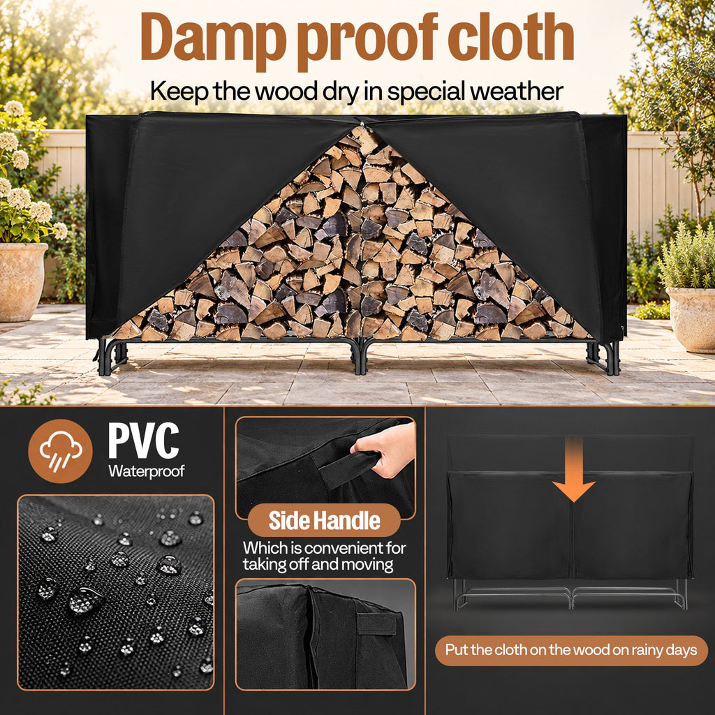 SPECSTAR 8ft Heavy Duty Indoor Outdoor Firewood Storage Log Rack with Cover Combo Set Black