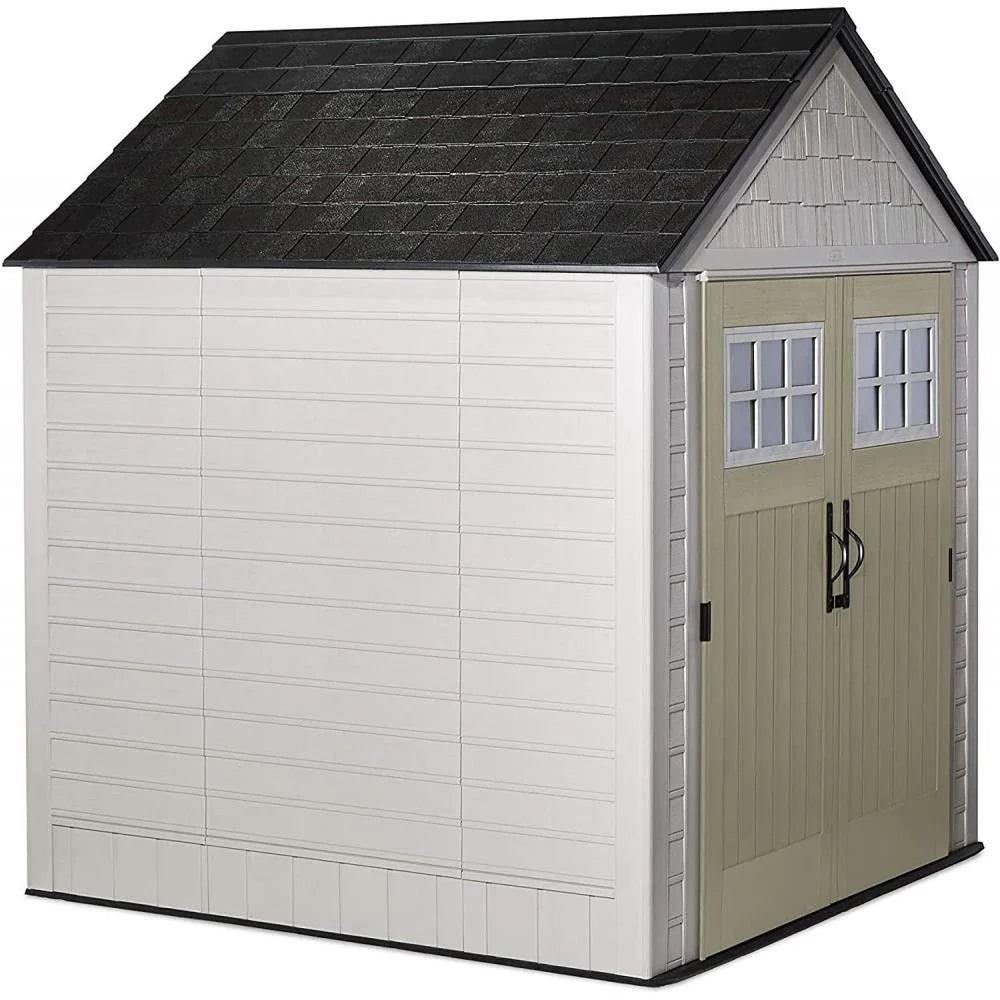 Rubbermaid Resin Outdoor Garden Storage Shed With Windows And Utility Hooks, Sand - 7x7 Ft