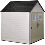 Rubbermaid Resin Outdoor Garden Storage Shed With Windows And Utility Hooks, Sand - 7x7 Ft
