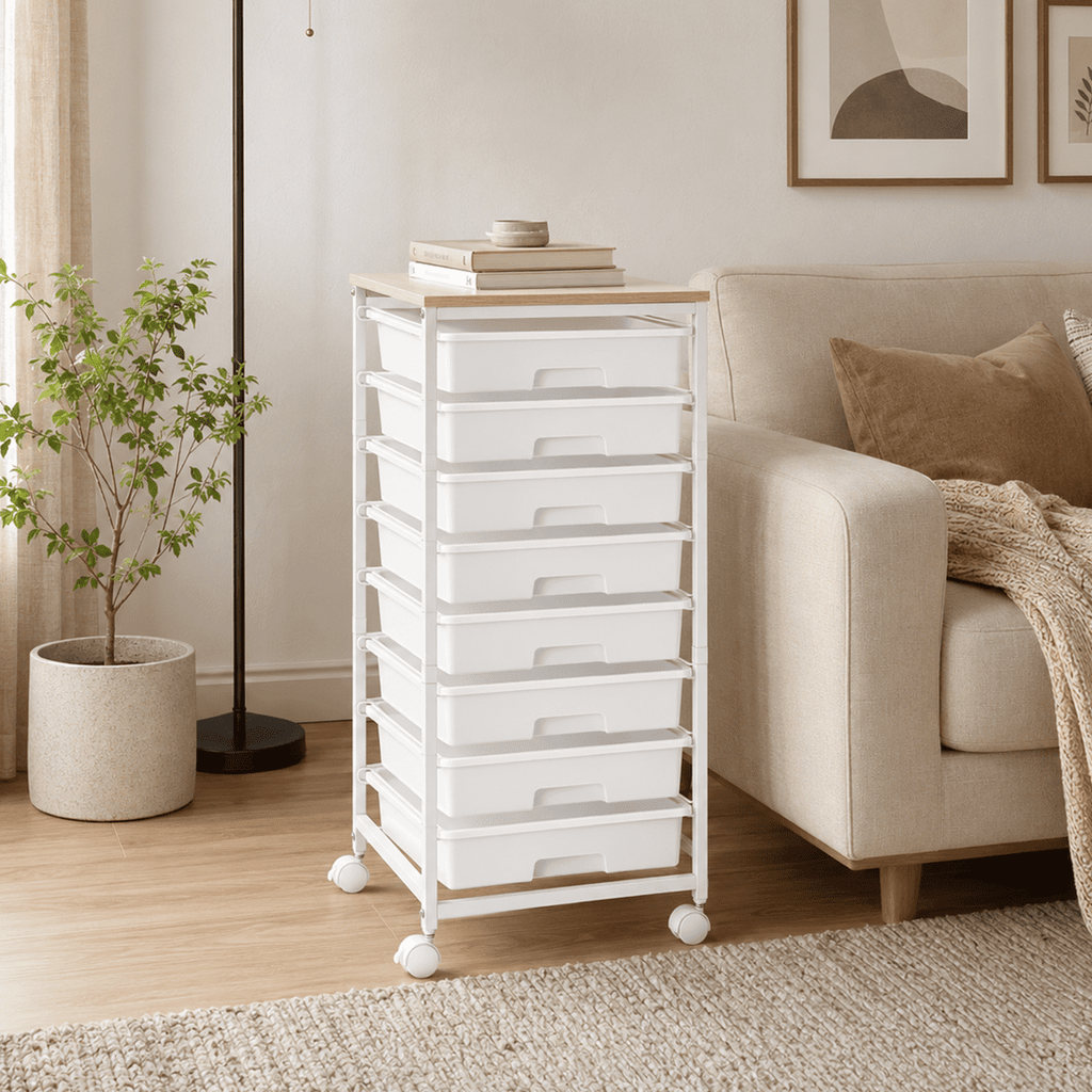 KK KINGRACK Storage Rolling Drawer Cart, Drawer Organizer with 8 Drawers and Wooden Tabletop, Metal & Plastic, White