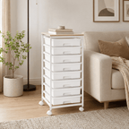 KK KINGRACK Storage Rolling Drawer Cart, Drawer Organizer with 8 Drawers and Wooden Tabletop, Metal & Plastic, White