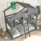 Twin-Over-Twin Playhouse-Style Bunk Bed - Grey With Roof, Window & Safety Rails