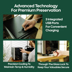 Essential Cooler Mini Fridge With Temperature And Humidity Control, 3 USB Ports, Smoked Glass Shelves And Lockable UV Glass Door