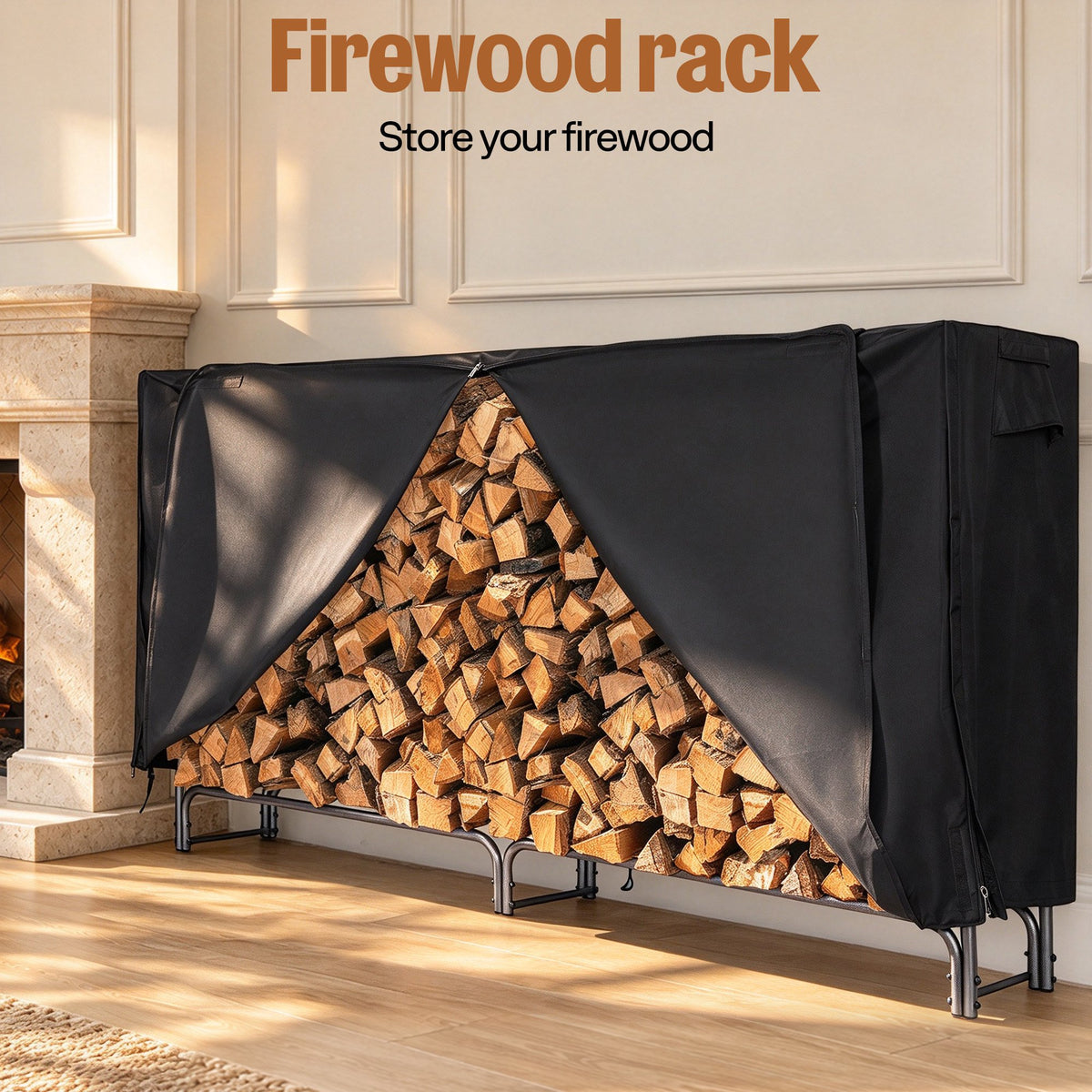 SPECSTAR 8ft Heavy Duty Indoor Outdoor Firewood Storage Log Rack with Cover Combo Set Black