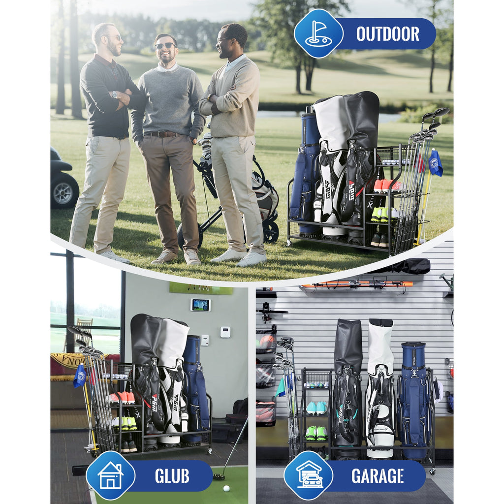 Mythinglogic Golf Bags Storage Rack with Wheels, Holds 3 Bags, Garage Organizer