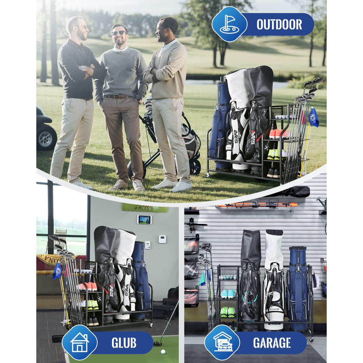 Mythinglogic Golf Bags Storage Rack with Wheels, Holds 3 Bags, Garage Organizer