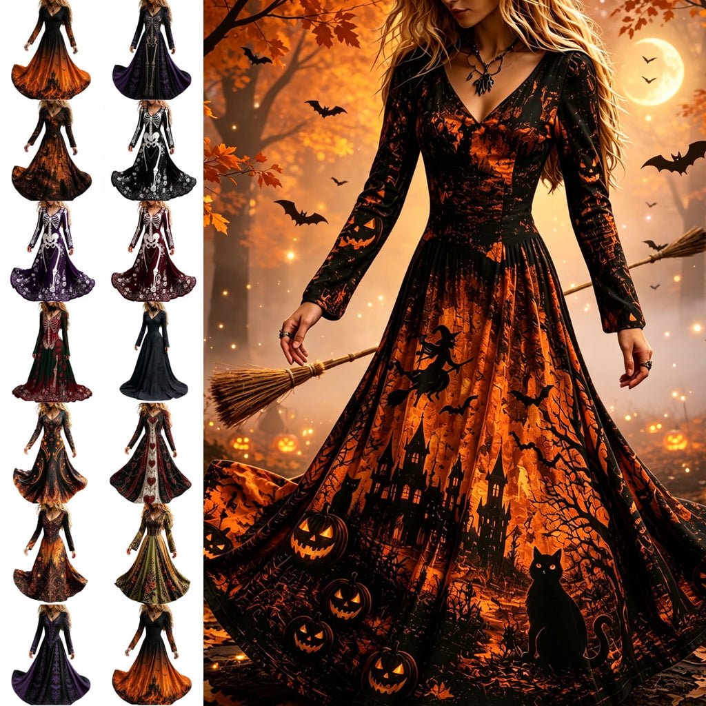KICILVS Gothic Clothes For Women Black Spiderweb And Spider Print Flowing V Neck Long Maxi Dress Halloween Cosplay Gothic Party Dress