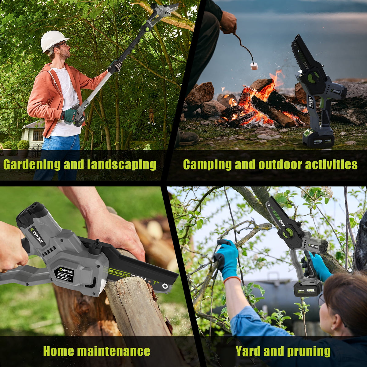 Vipuse 2-in-1 Cordless Pole Saw with 4.0Ah Rechargeable Batteries and 2.0Ah Fast Charger,16ft Max Extension,7 inch Mini Brushless Chainsaws for Tree