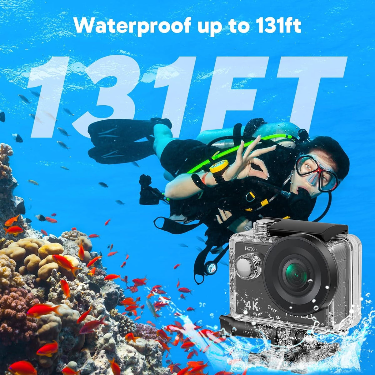 AKASO EK7000 Action Camera 4K 30FPS Waterproof Camera Underwater 131FT with EIS Ultra HD WiFi 170° Wide Angle Sports Helmet Bike Video Black