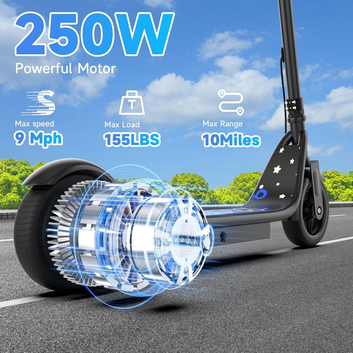 Electric Scooter for Kids, 250W Motor, 9 MPH Max Speed, LED Display, Dual Brake System, 6.5” Solid Tires, Lightweight E-Scooter for Kids Ages 6 to 14