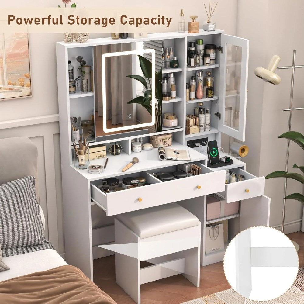 White Vanity Desk With Sliding LED Mirror, Charging Station, 2 Drawers, 2 Doors And Cushioned Stool - 15.7'D x 43'W x 57'H