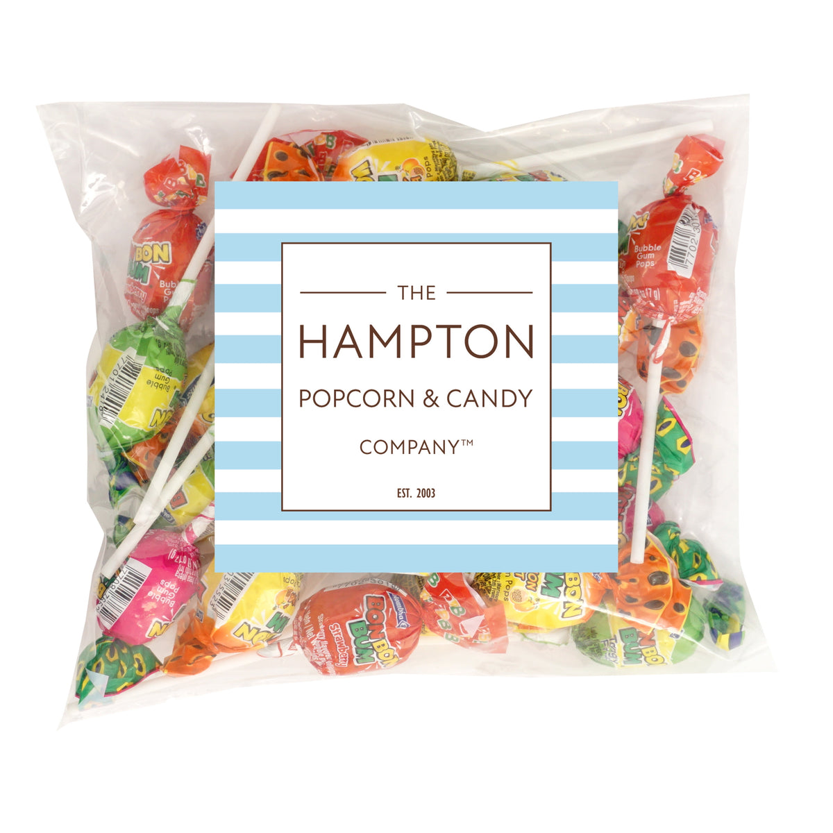 Bon Bon Bum Assorted Flavors Candy Lollipops, 1 Pound Bulk Candy (Approx. 22 pcs.), Individually Wrapped Lollipops with Bubble Gum Center, The Hampton Popcorn & Candy Company