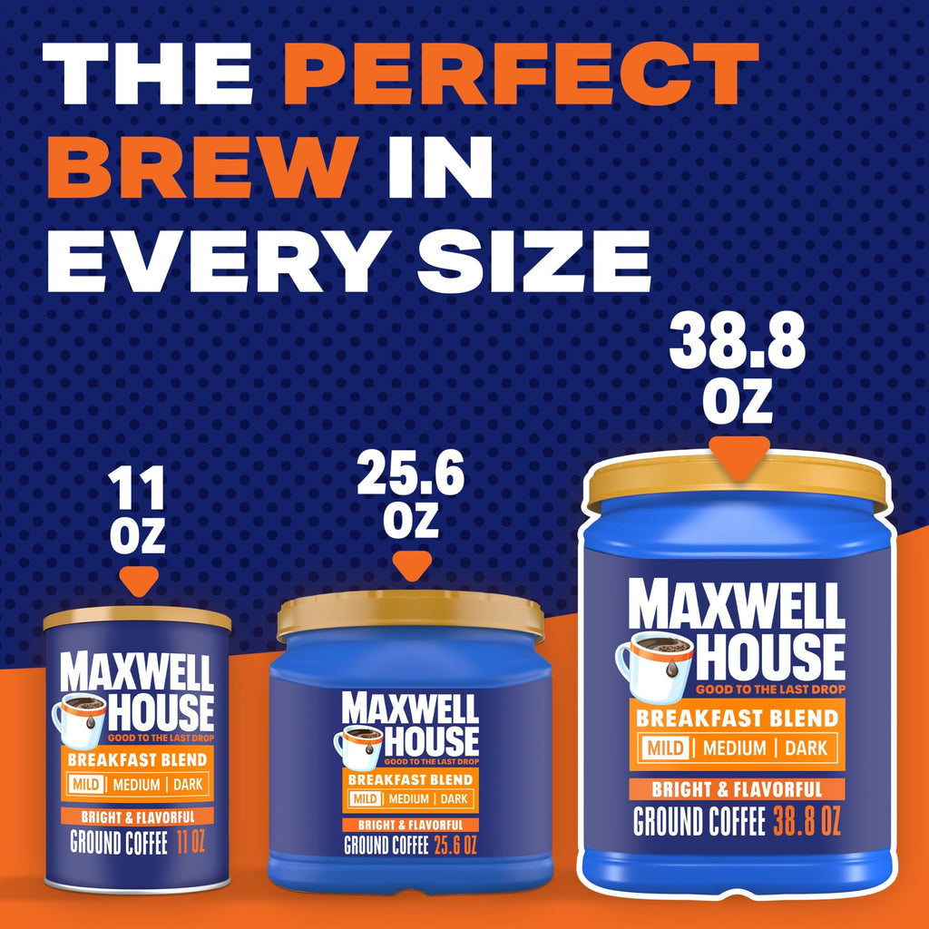 6 pack) Maxwell House Breakfast Blend Mild Roast Ground Coffee, 38.8 oz Canister
