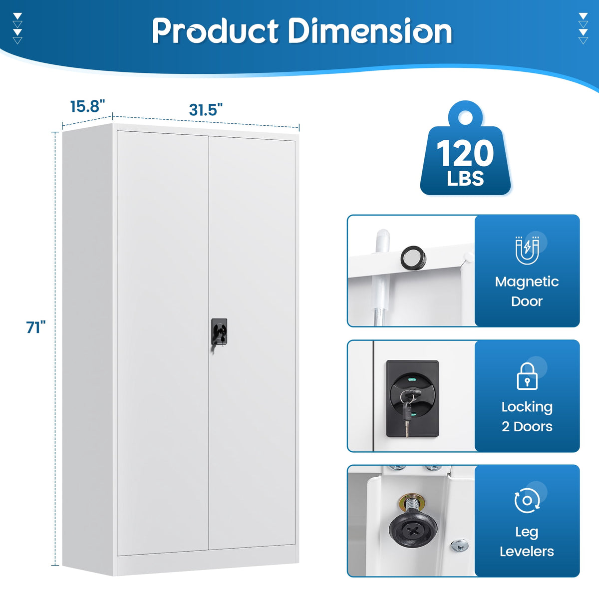 Fesbos Metal Garage Storage Cabinet,71" H Tall White Cabinet with 2 Doors and 4 Adjustbale Shelves,Lockable Tool Cabinet for Garage, Basement, Home