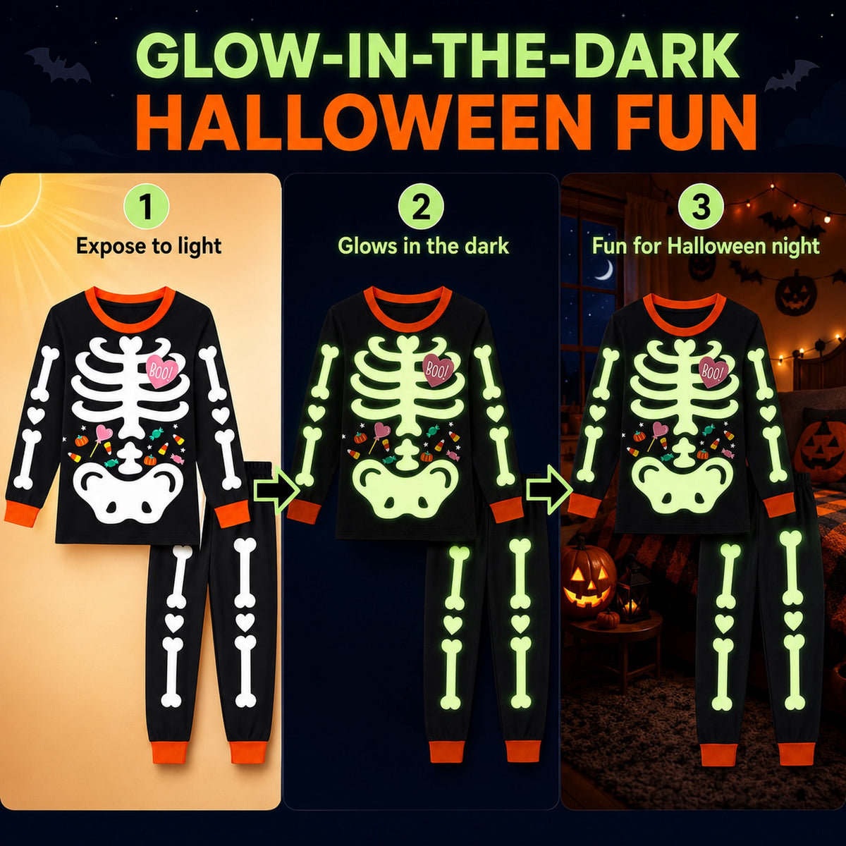 Rimyaw Kids Halloween Pajamas Set, Glow in the Dark Skeleton Sleepwear, 2-Piece cottom Long Sleeve PJs for Boys and Girls, Black