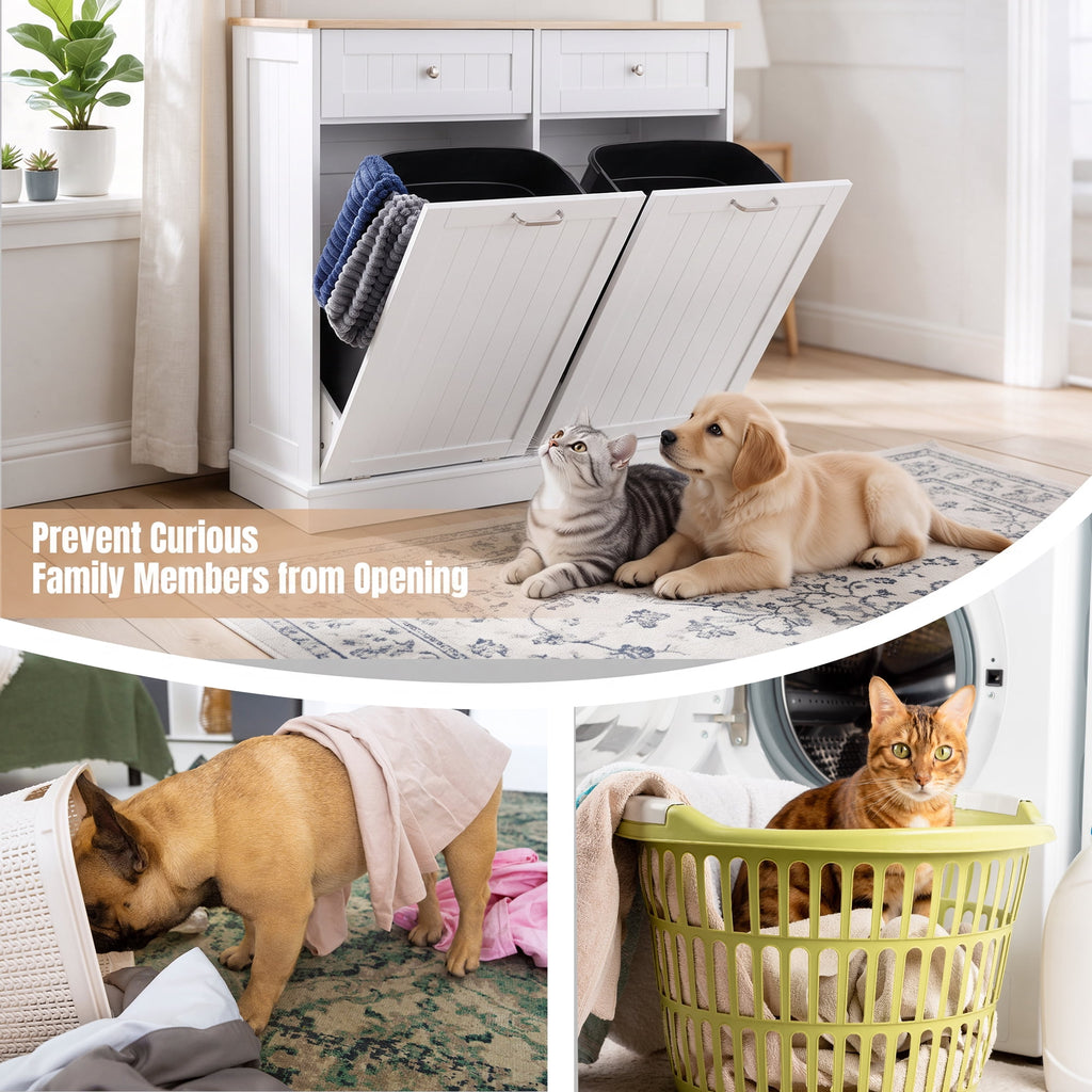 AHB Double Tilt Out Trash Cabinet with Drawers and Handles, Fits Two 13 Gallon Trash Bins, Kitchen Trash Can Storage Organizer, 40"L x 13"W x 36"H