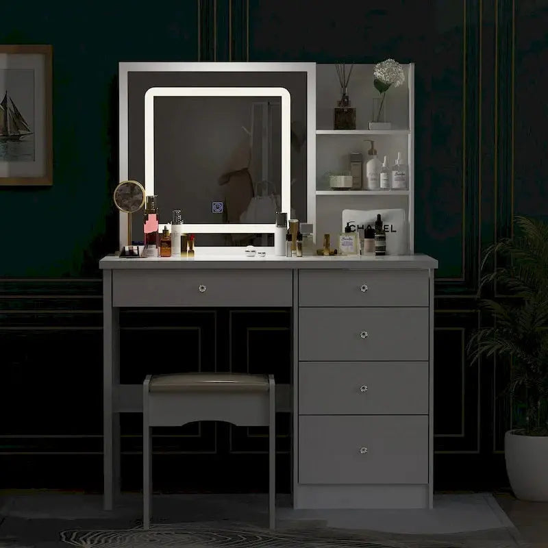 LED Vanity Desk Set With Illuminated Mirror, Stool, 39.4in Wide - White