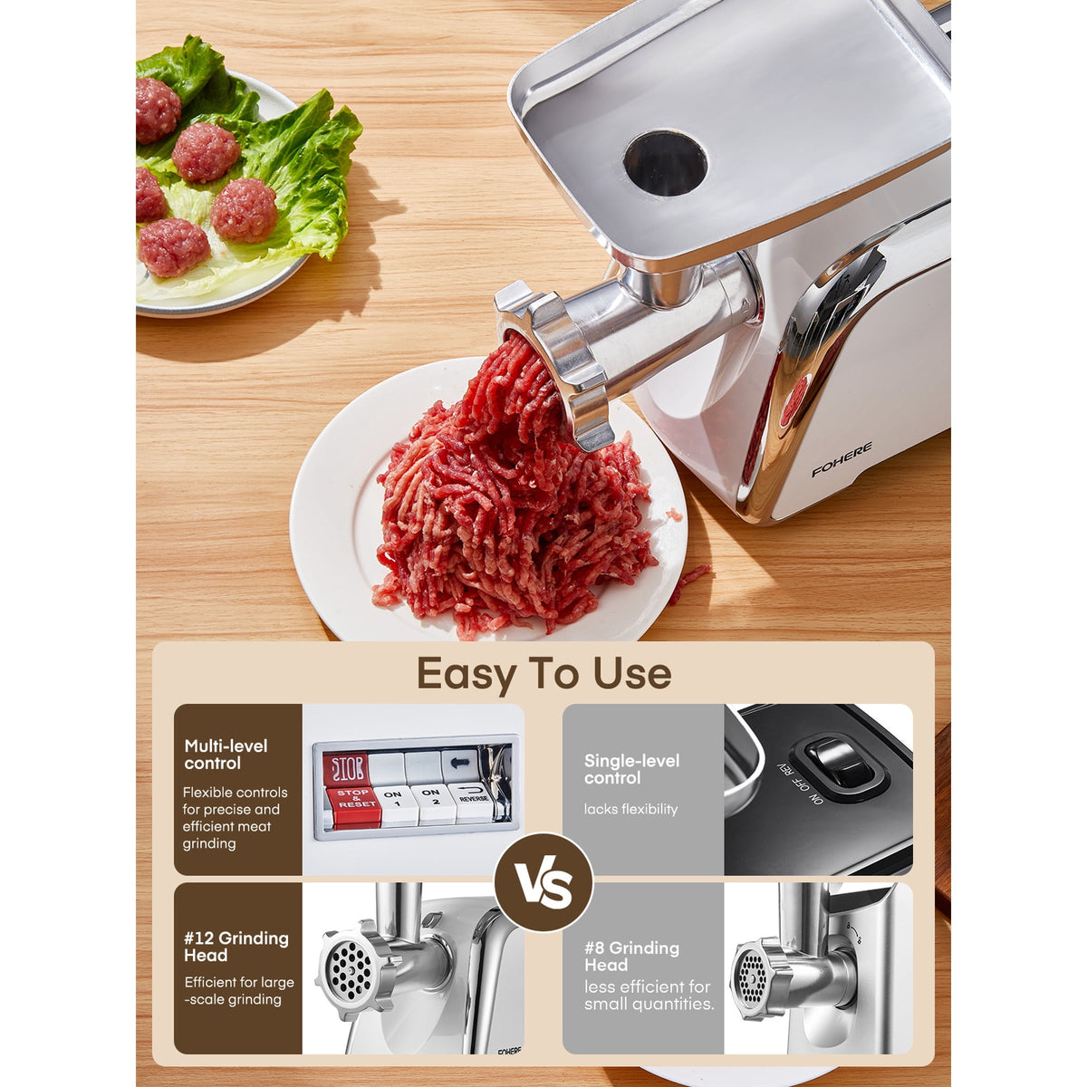 FOHERE Electric Meat Grinder Heavy Duty 3000W Max 5 in 1 Sausage Stuffer with 4 Stainless Steel Plates & 3 Blades, Sausage Kubbe Kit for Home &