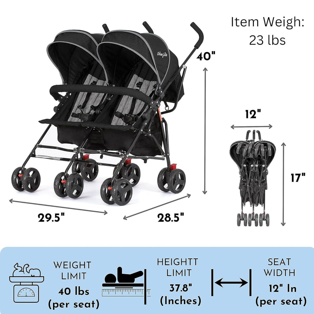 Dream On Me Volgo Twin Umbrella Stroller, Black - 446-BLK