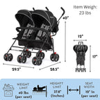 Dream On Me Volgo Twin Umbrella Stroller, Black - 446-BLK