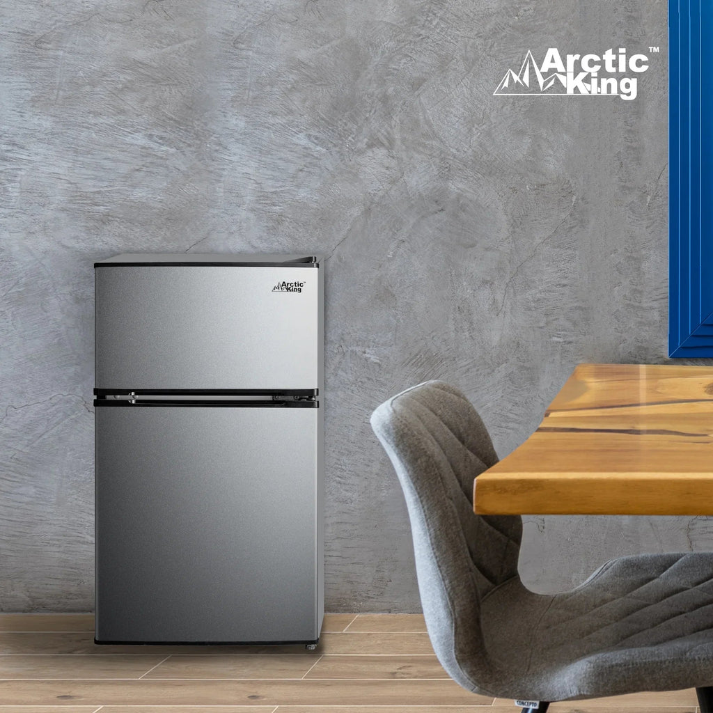 Arctic King Two-Door Mini Fridge With Freezer, 3.2 Cu. Ft., Stainless Steel