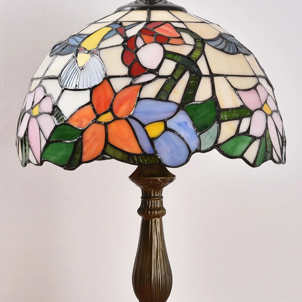 Tiffany Style Stained Glass Hummingbird Table Lamp 12in Shade, 18in Tall