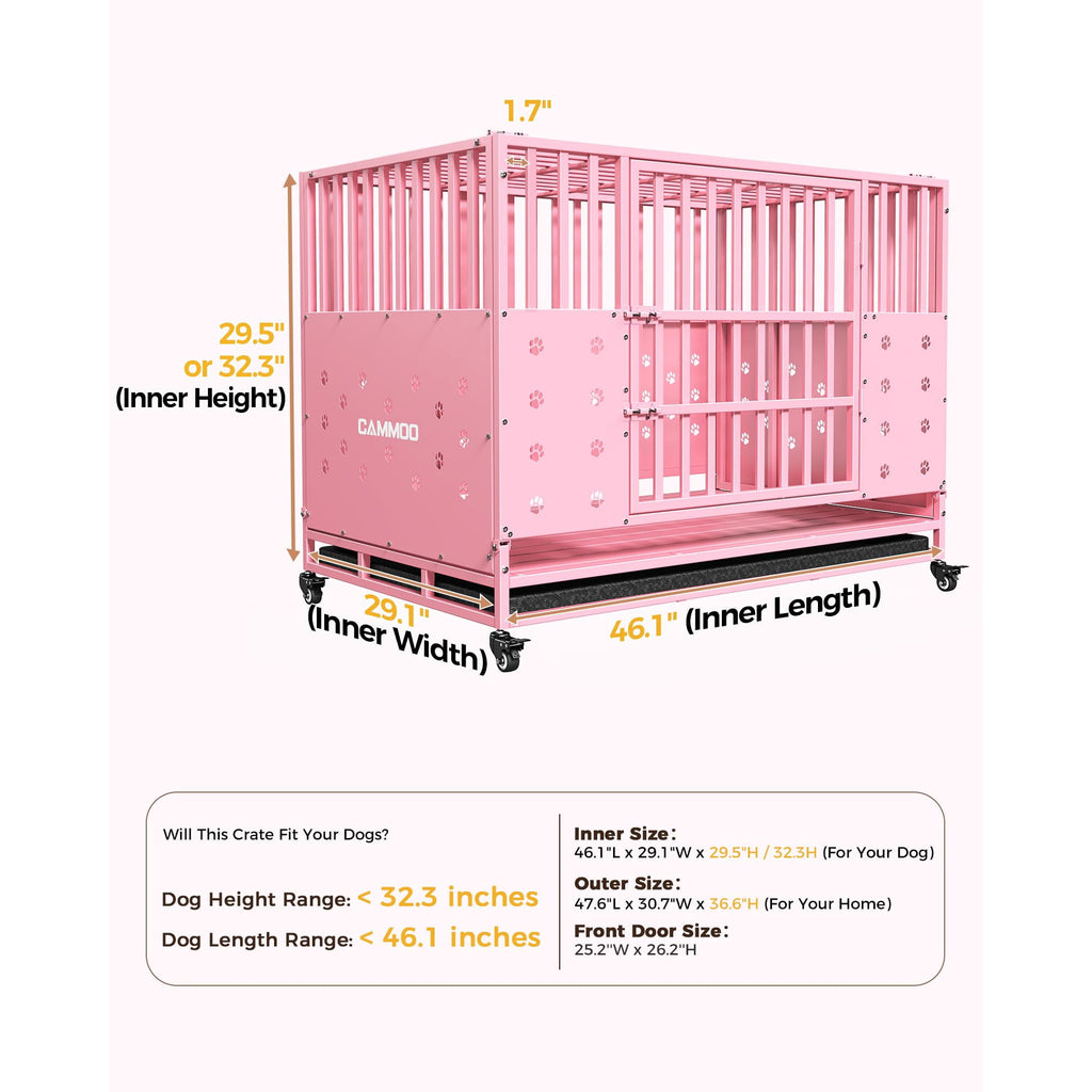 CAMMOO 48" Foldable Heavy Duty Dog Crate Cage for Large Dogs,XL Dog Kennel Indoor,4 Lockable Wheels,Widened Floor Panel,Adjustable Internal Height