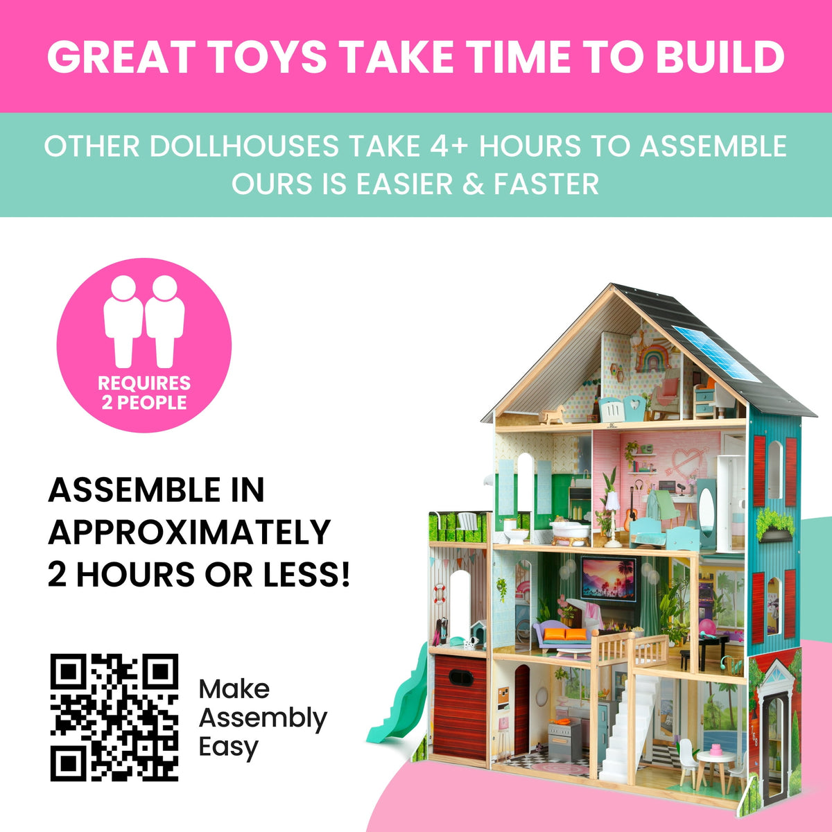 Delta Children Deluxe Maui Dollhouse with 50 Accessories - Large Wooden 4-Story Dollhouse with 12 Rooms - Working Elevator, Slide, Lights/Sounds
