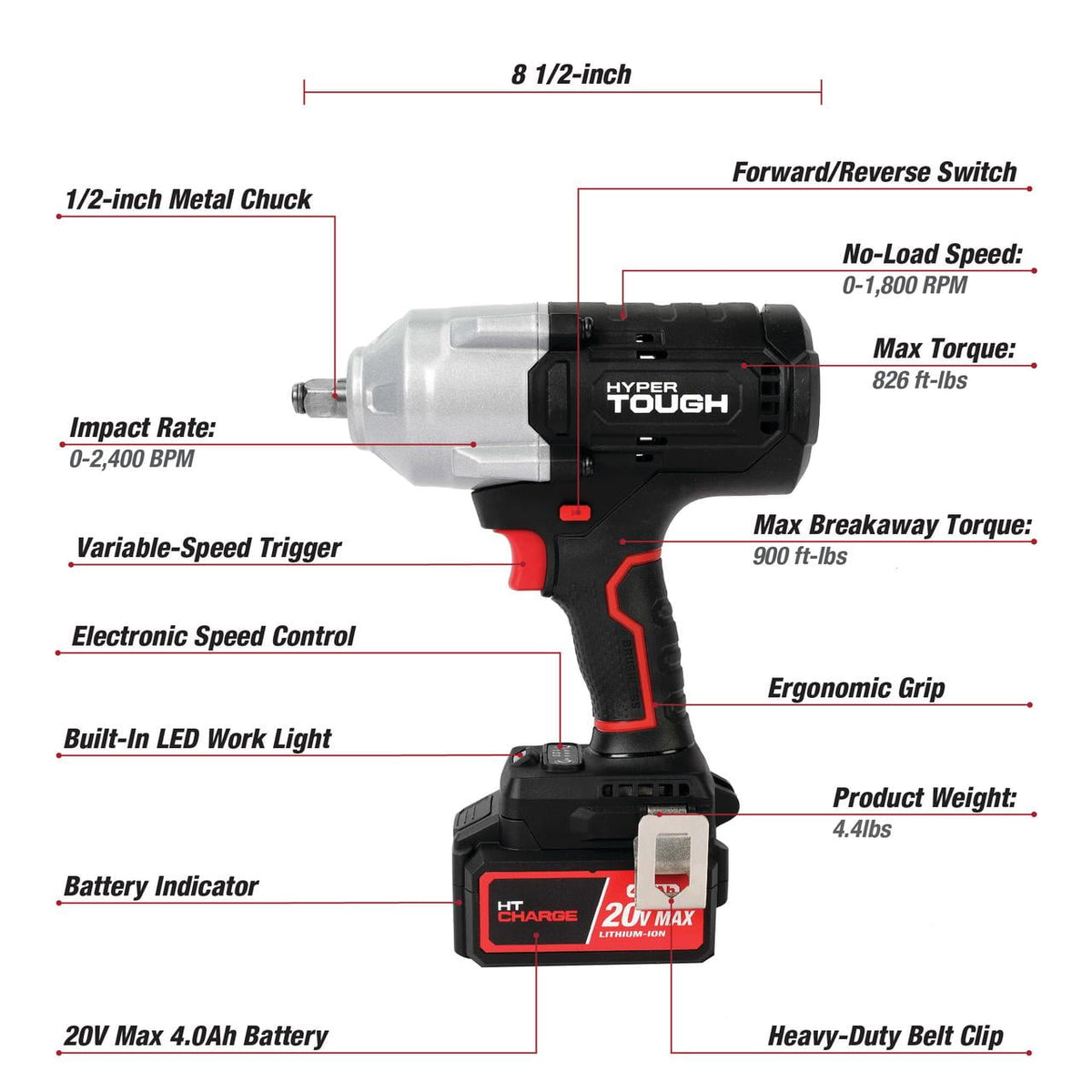 Hyper Tough 20V Max Brushless 1/2 in High-Torque Cordless Impact Wrench with 4 Ah Lithium-Ion Battery and Charger