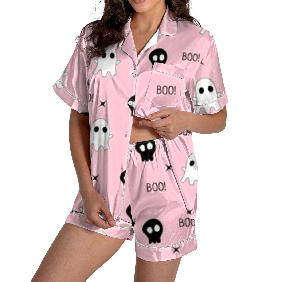 ChenYiFH Halloween Pajama Sets For Women 2 Piece Pumpkin Print Shirts And Pajamas Shorts Button Down Short Sleeve Sleepwear Black S