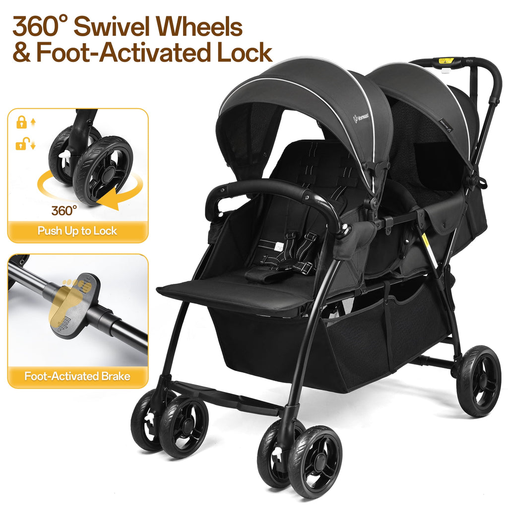Vomeast Double Stroller for Twins, Foldable Lightweight Travel Stroller for Infant and Toddler, 5-Point Harness, Adjustable Canopy & Reclining Seat