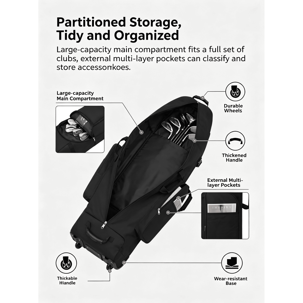 DKTIOP Golf Travel Bag with Wheels, Lockable Zipper Soft Sided Golf Club Airline Bag, Waterproof Wear Resistant 900D Oxford Polyester Golf Bag with