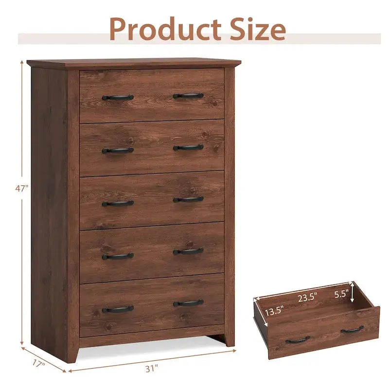5-Drawer Storage Cabinet, 31 x 17 x 47 in, MDF - Dark Grey, Walnut, Or White