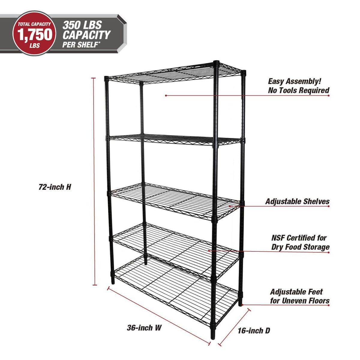 Hyper Tough 5-Tier Wire Storage Shelves, 36 in W x 16 in D x 72 in H, 1750 lb Load Capacity, Black