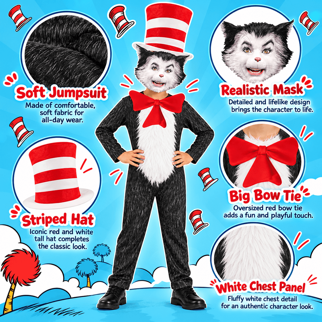 4-Piece Cat Halloween Cosplay Costume for Kids, Scary Cat Jumpsuit Set with Mask, Striped Hat & Bow Tie for Boys & Girls, Ages 11-12