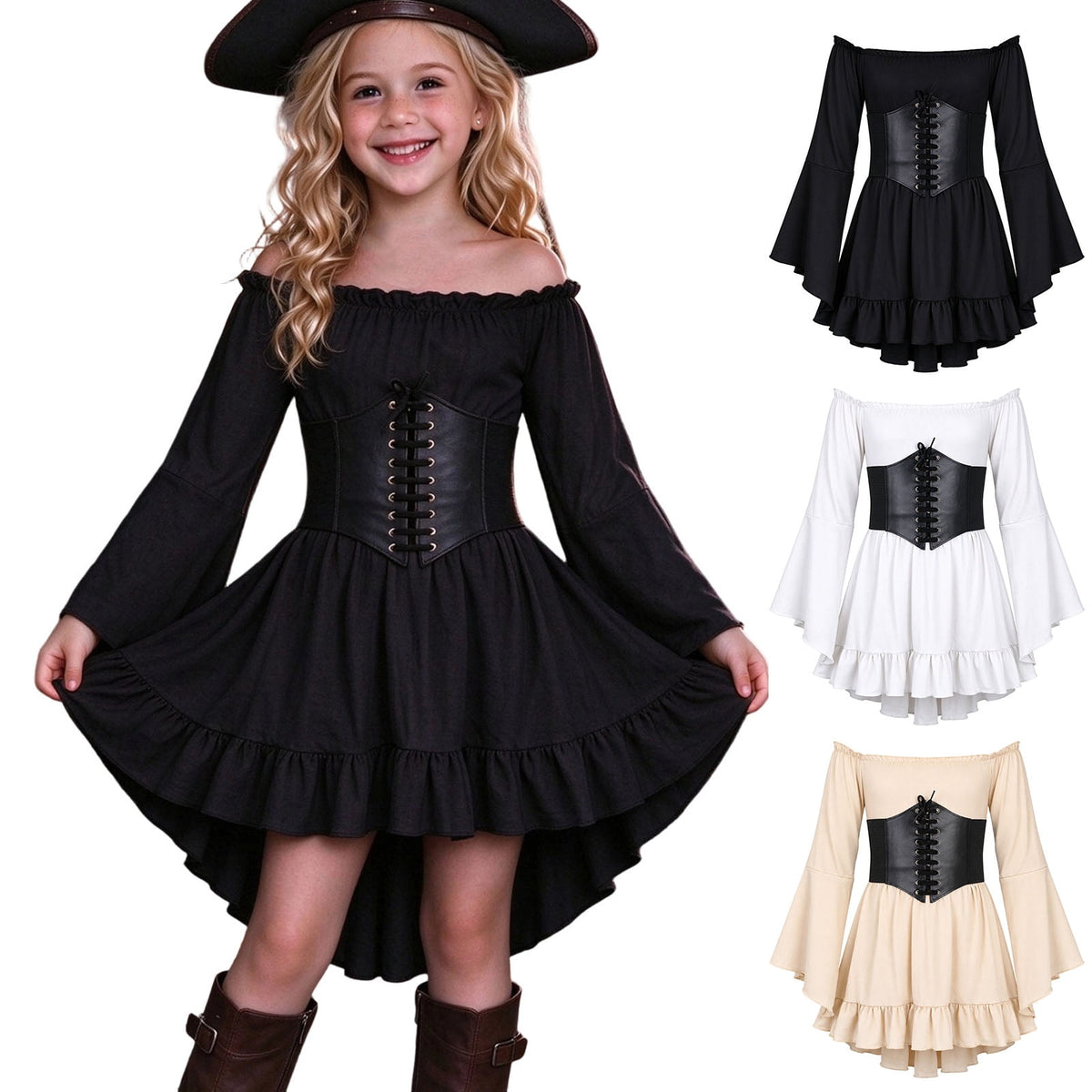 Kids Off the Shoulder Pirate Dresses with Sash Two Piece Set Pirate Costume Halloween Cosplay Halloween Costume Kids Size 4-14 Years