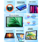 Android Tablet, 10 inch Android 14 Tablet, Quad-core CPU, RAM 4GB（2G+2G）, ROM 32GB (Up to 1TB), 800x1280 IPS, WiFi 6, 2MP+2MP, 6000mAh, Blue
