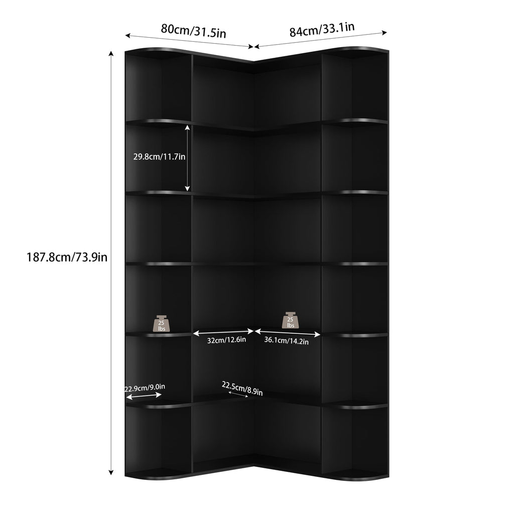 Homfa 73.9” Tall Corner Bookshelf, 6 Tier L-Shaped Large Display Bookcase with Curved Edges for Living Room Home Office Study, Black