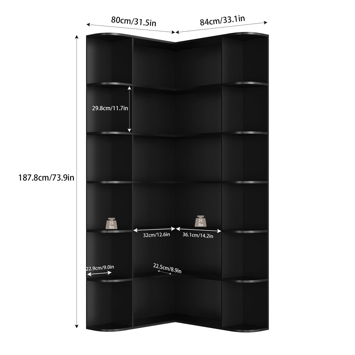 Homfa 73.9” Tall Corner Bookshelf, 6 Tier L-Shaped Large Display Bookcase with Curved Edges for Living Room Home Office Study, Black