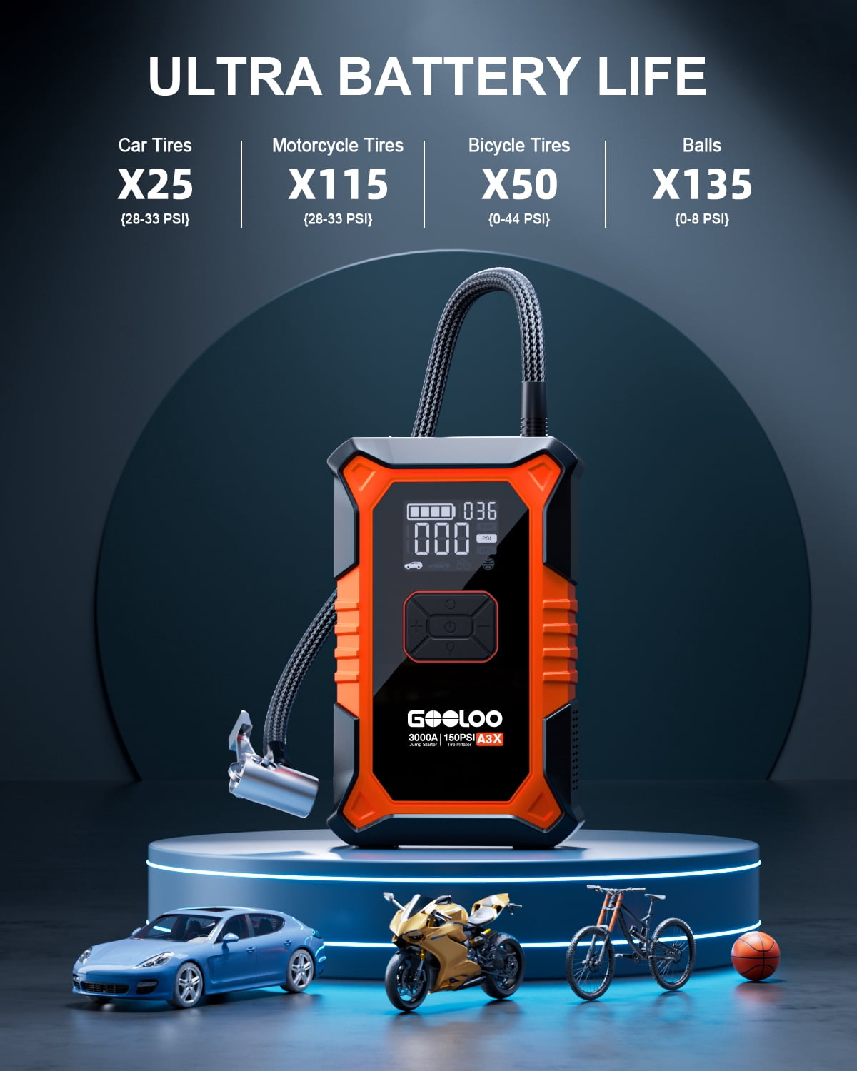 GOOLOO A3X 3000A Supersafe Jump Starter with Air Compressor, Portable Car Battery Booster (9.0 Gas/6.5L Diesel) with 150PSI Auto-Shutoff Tire Inflator