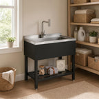 Commercial Stainless Steel Utility Sink, Heavy-Duty Freestanding Basin with Pull-Down Faucet for Garage Laundry Workshop, Silver/Black
