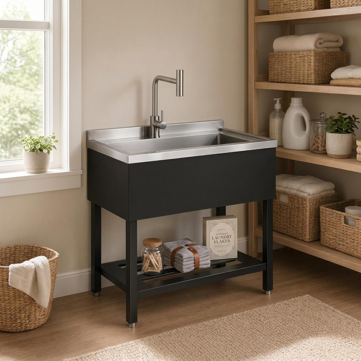 Commercial Stainless Steel Utility Sink, Heavy-Duty Freestanding Basin with Pull-Down Faucet for Garage Laundry Workshop, Silver/Black