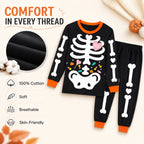 Rimyaw Kids Halloween Pajamas Set, Glow in the Dark Skeleton Sleepwear, 2-Piece cottom Long Sleeve PJs for Boys and Girls, Black