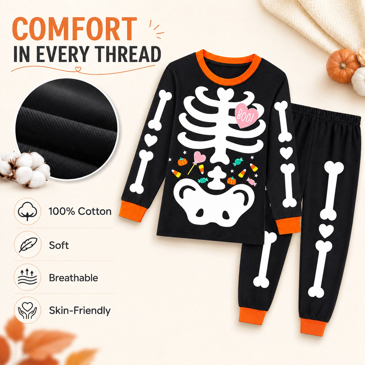 Rimyaw Kids Halloween Pajamas Set, Glow in the Dark Skeleton Sleepwear, 2-Piece cottom Long Sleeve PJs for Boys and Girls, Black