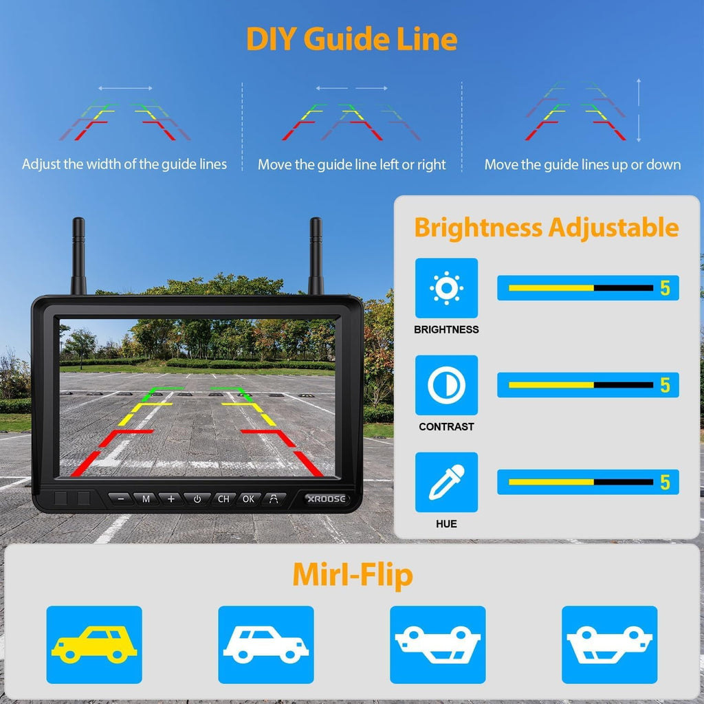 Xroose Magnetic Solar Wireless Backup Camera 7''HD 1080P Monitor No Drilling 2-Min Installation IR Night Vision Waterproof Rear View Camera