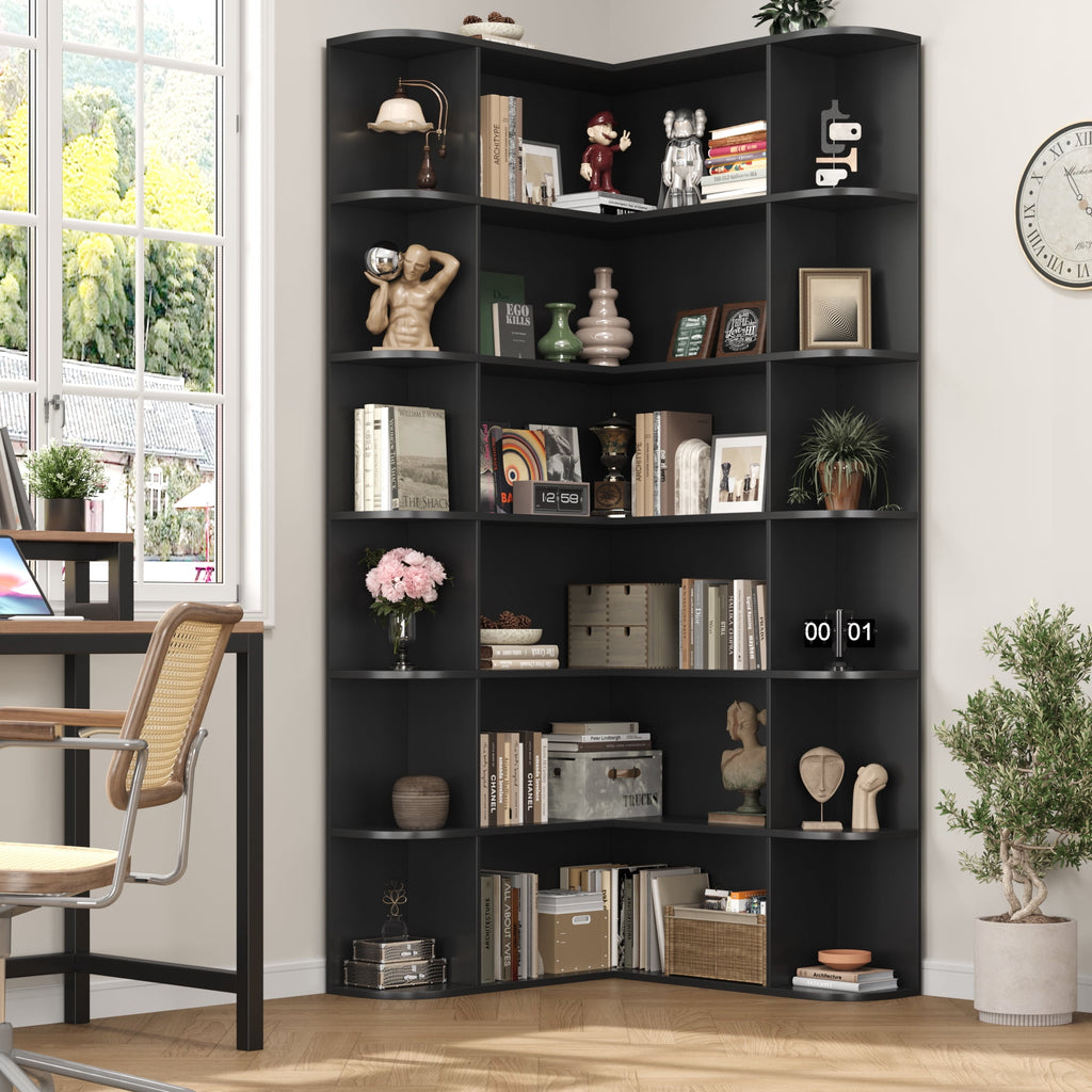 Homfa 73.9” Tall Corner Bookshelf, 6 Tier L-Shaped Large Display Bookcase with Curved Edges for Living Room Home Office Study, Black