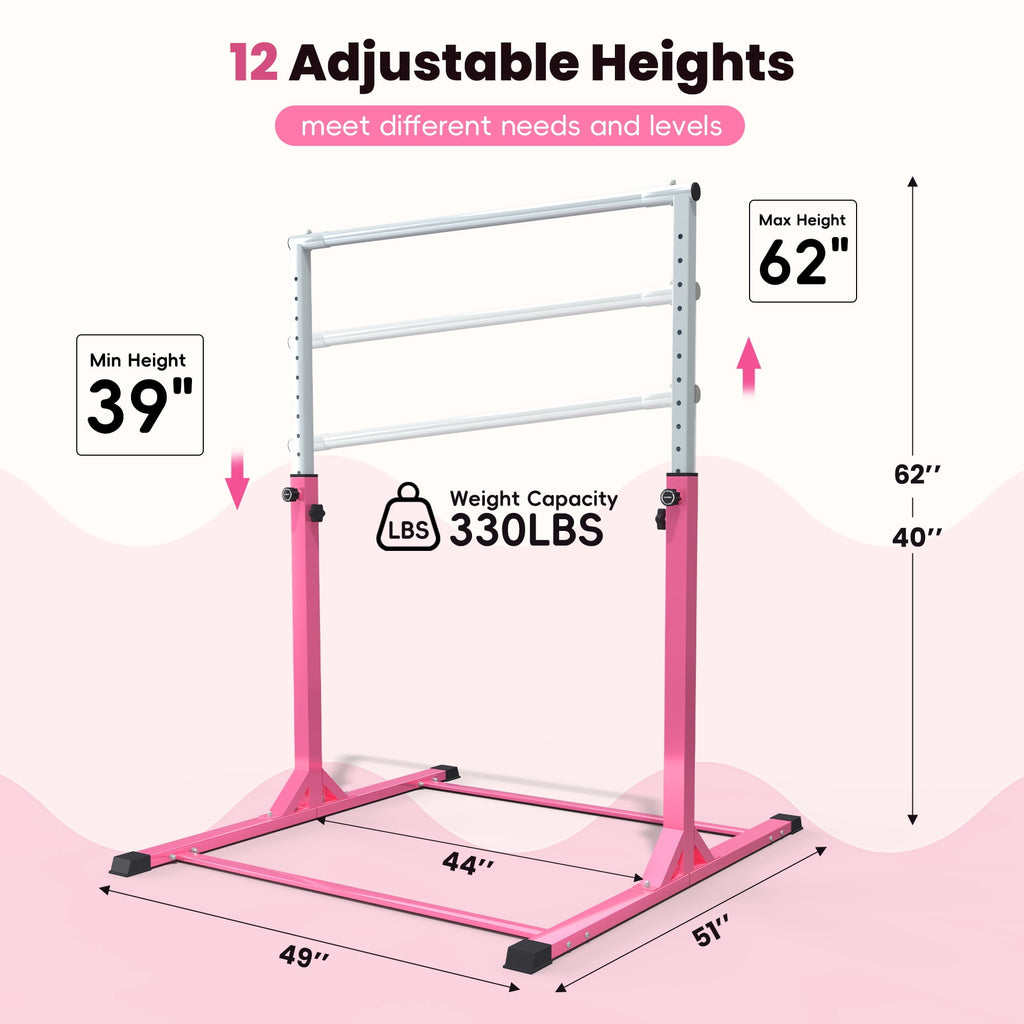 Ainfox Adjustable Kids Gymnastics Kip Bar with Pull Rings for Kids Ages 5-15 Gym Training,Pink