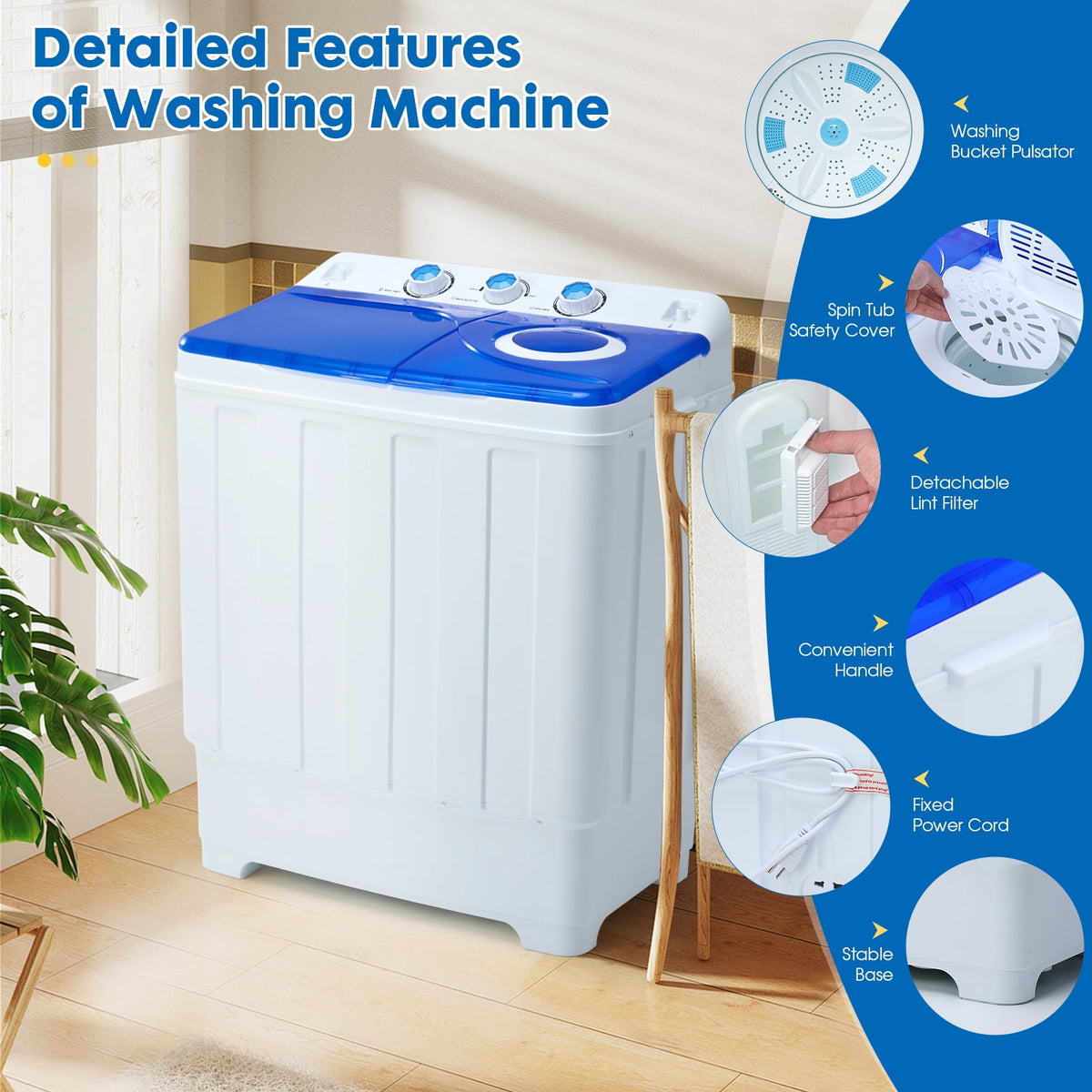Dawmilon 28lbs Portable Twin Tub Washing Machine with Drain Pump, Compact Laundry Washer for Apartments, Dorms, Blue