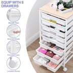 KK KINGRACK Storage Rolling Drawer Cart, Drawer Organizer with 8 Drawers and Wooden Tabletop, Metal & Plastic, White